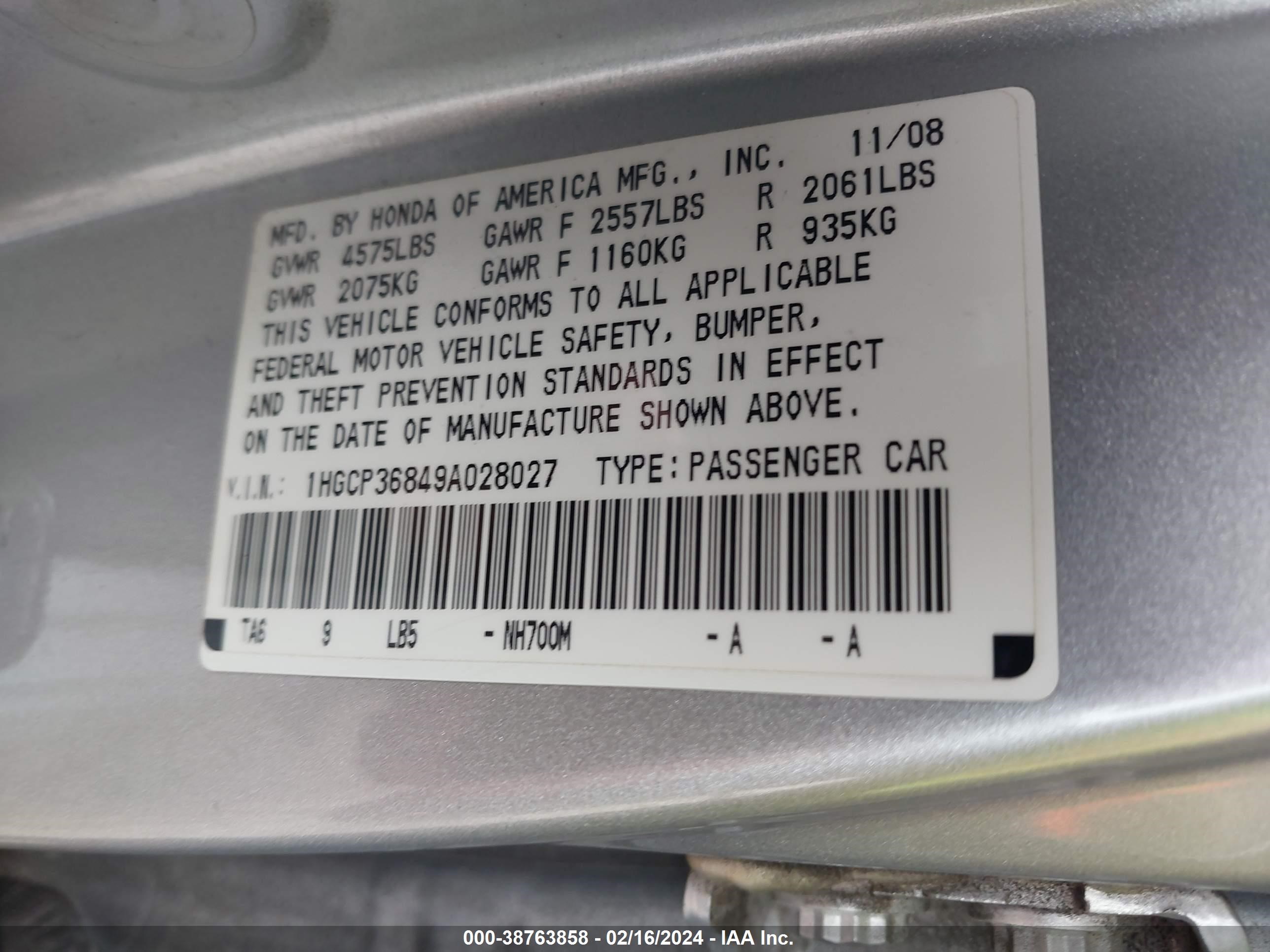 Photo 8 VIN: 1HGCP36849A028027 - HONDA ACCORD 