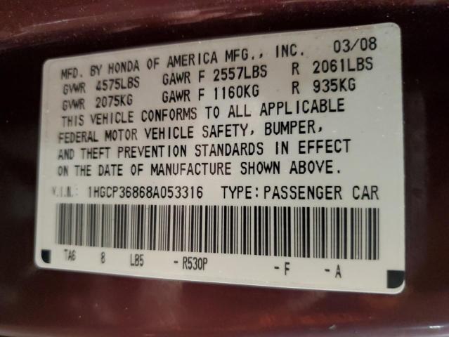 Photo 11 VIN: 1HGCP36868A053316 - HONDA ACCORD EXL 