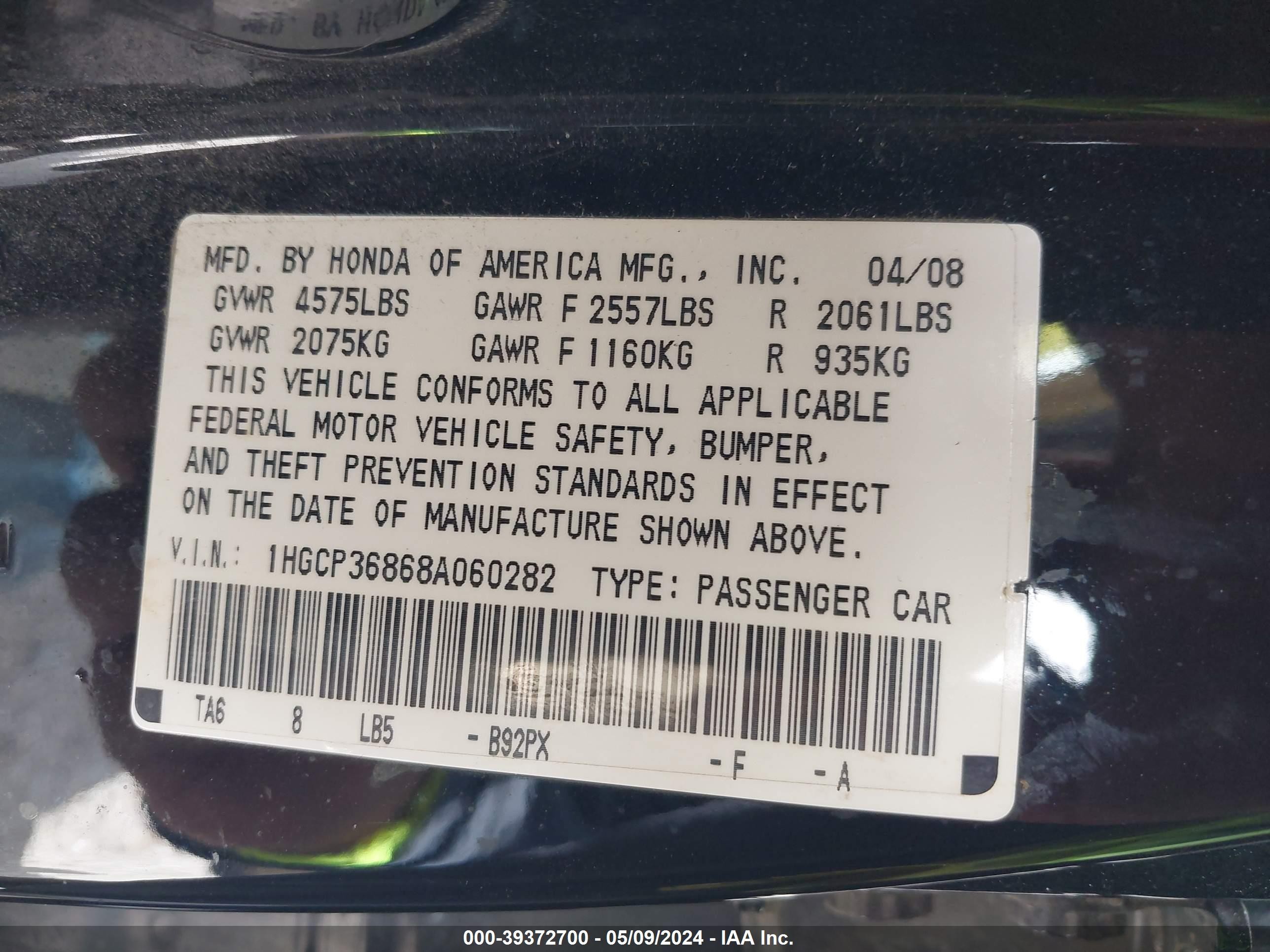 Photo 8 VIN: 1HGCP36868A060282 - HONDA ACCORD 