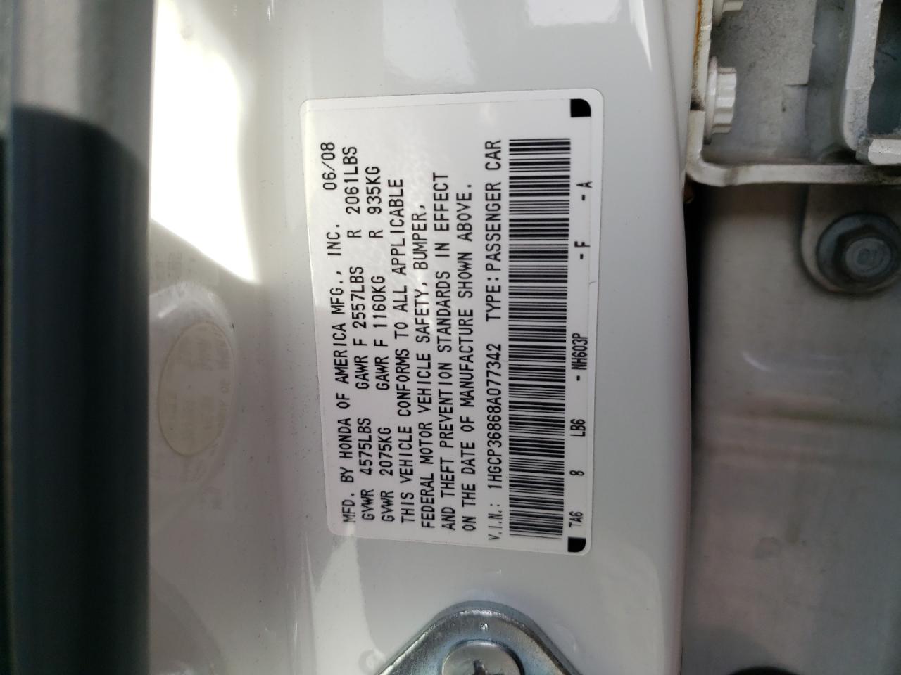 Photo 11 VIN: 1HGCP36868A077342 - HONDA ACCORD 