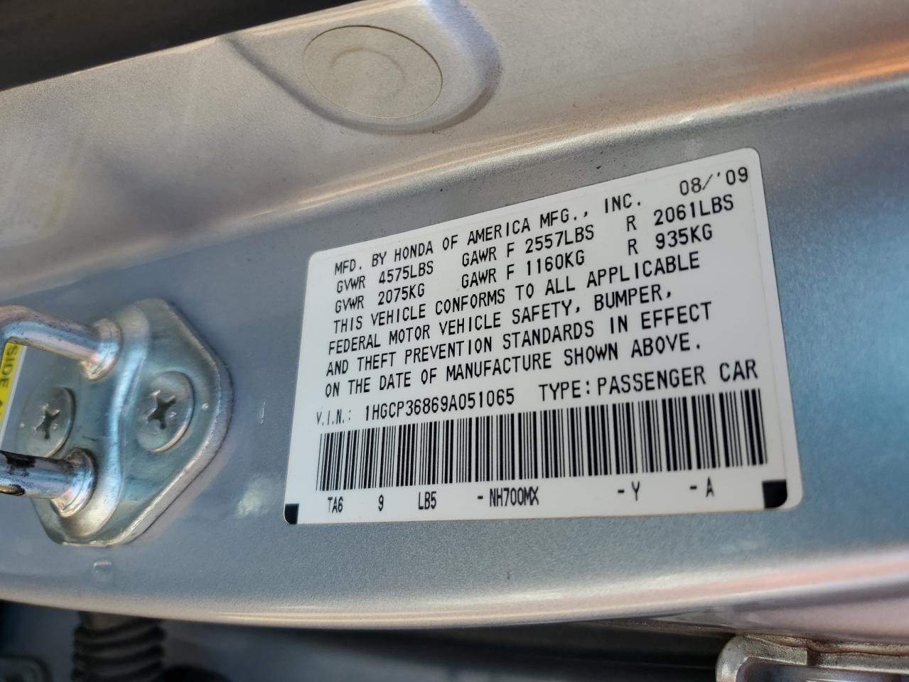 Photo 11 VIN: 1HGCP36869A051065 - HONDA ACCORD 