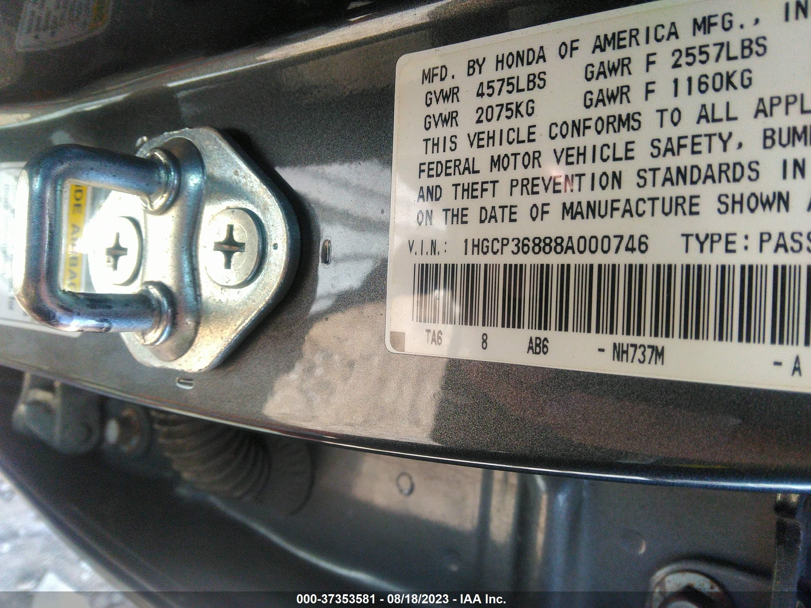 Photo 8 VIN: 1HGCP36888A000746 - HONDA ACCORD 