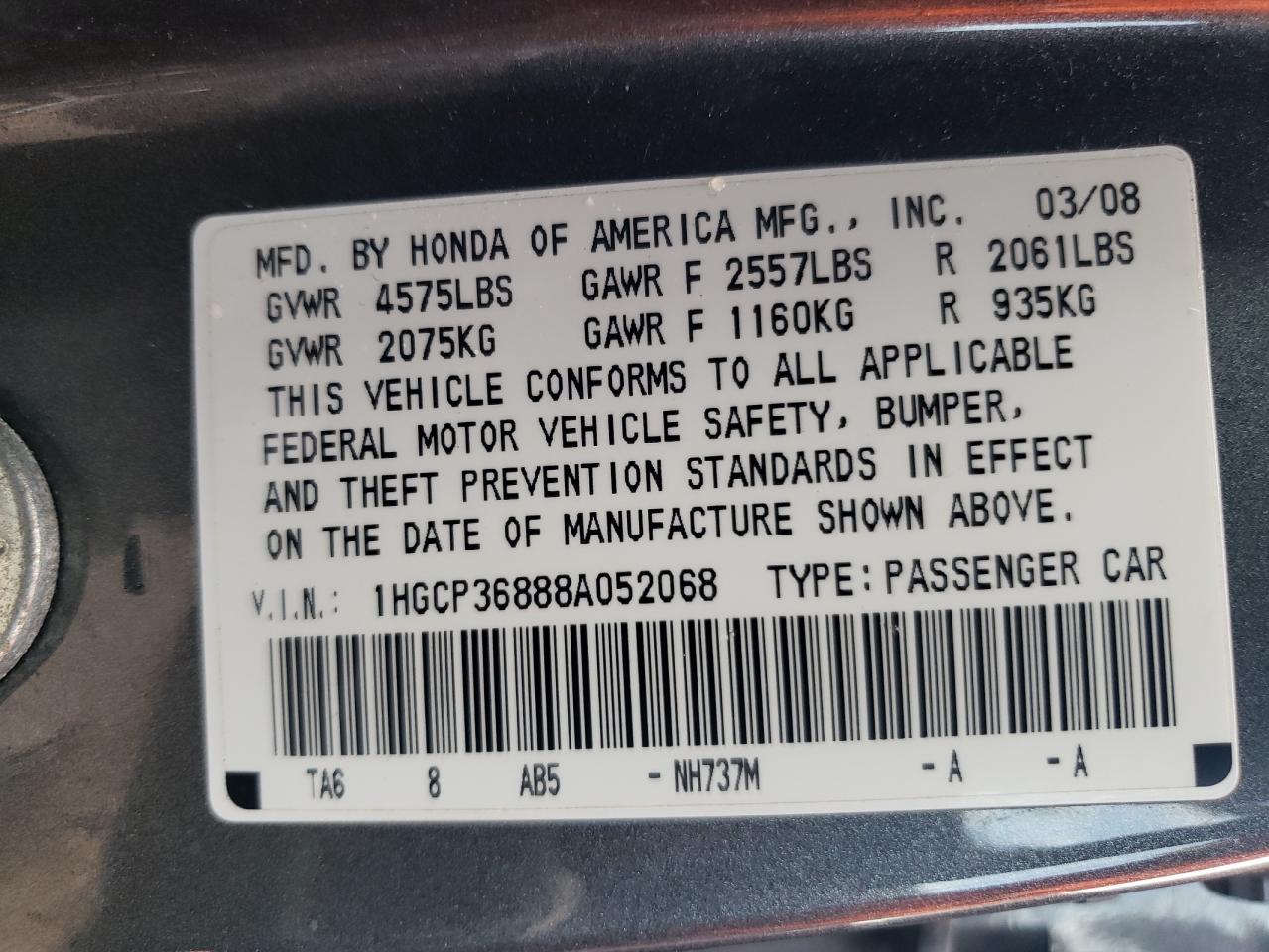 Photo 11 VIN: 1HGCP36888A052068 - HONDA ACCORD 