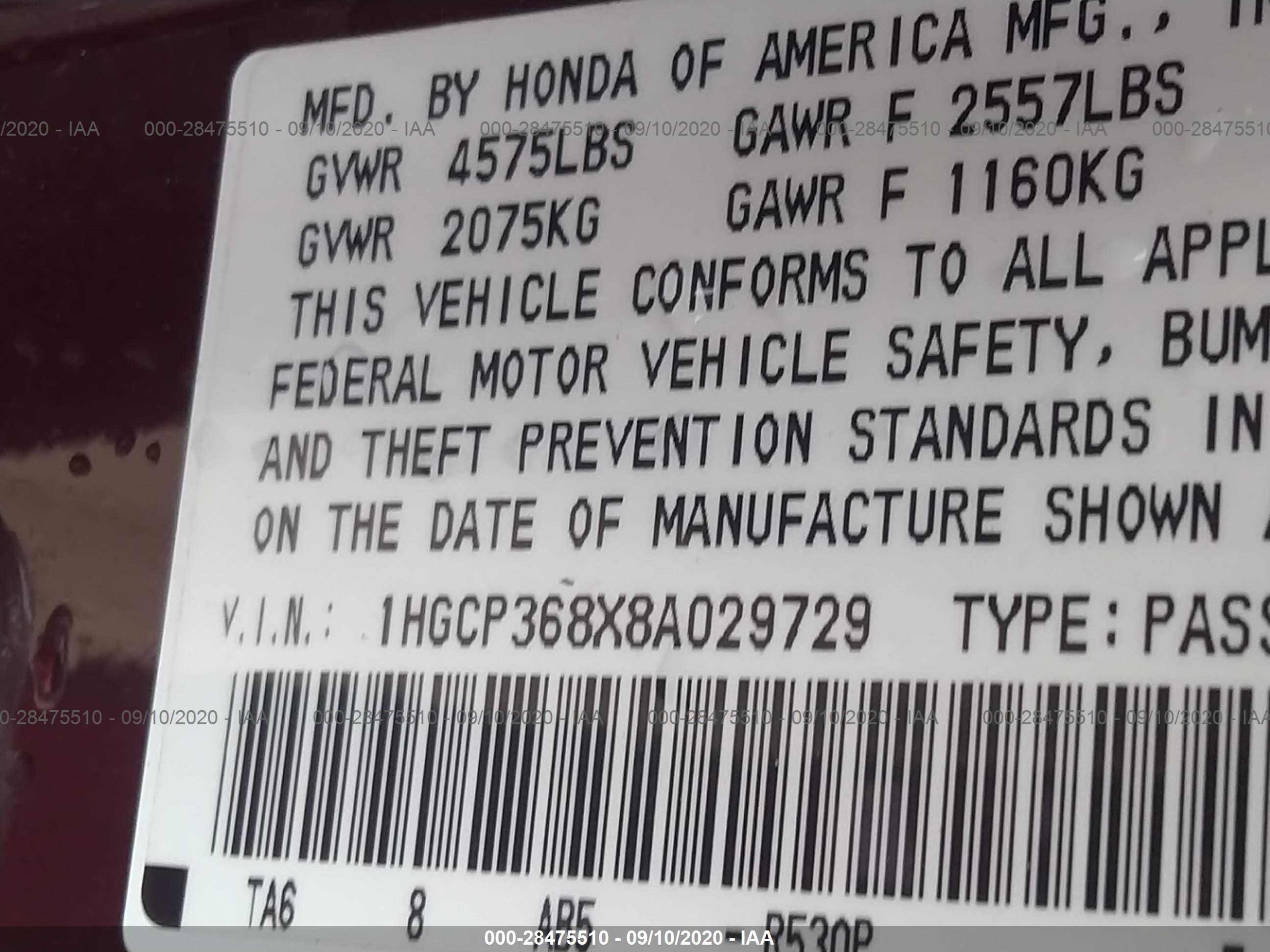 Photo 8 VIN: 1HGCP368X8A029729 - HONDA ACCORD 