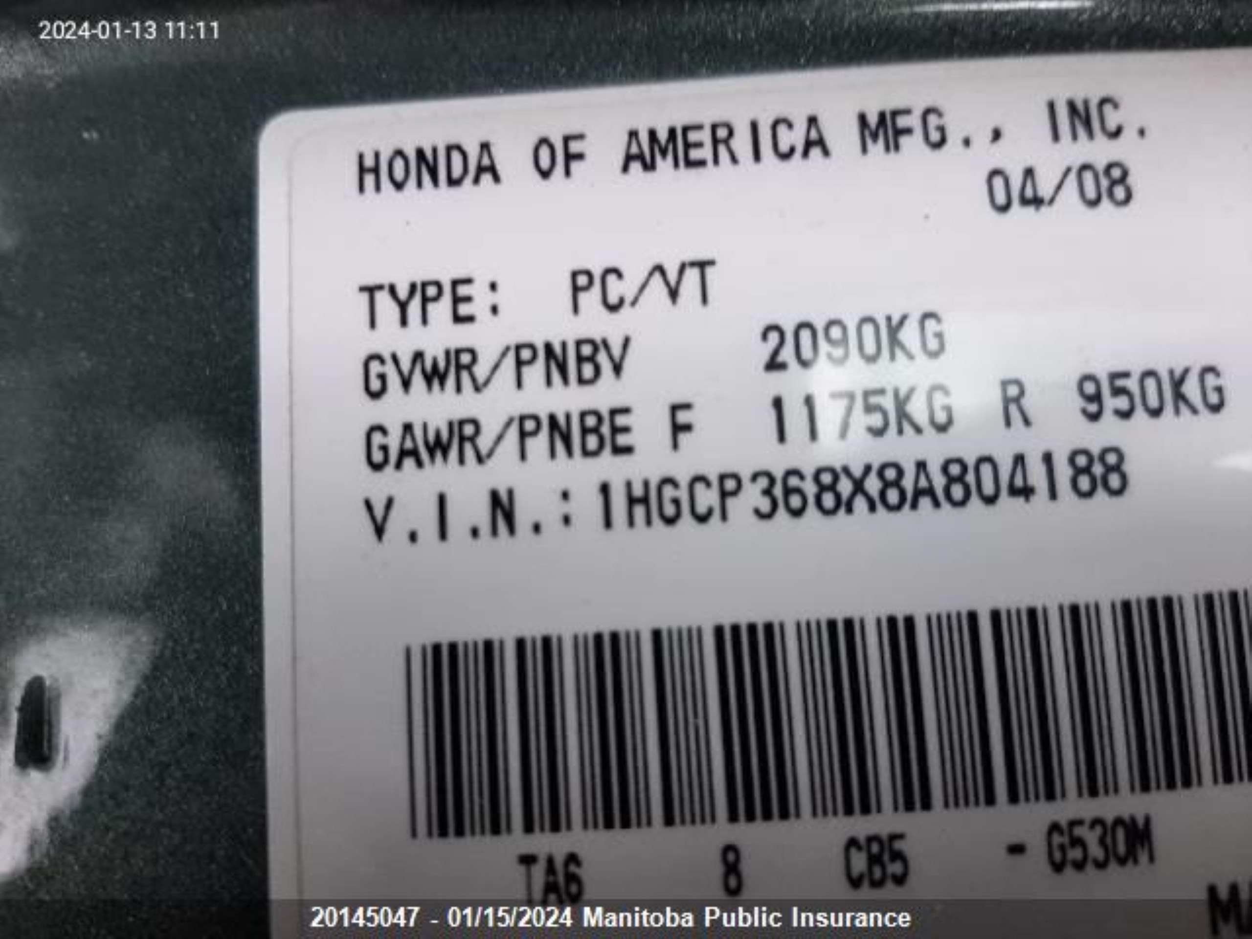 Photo 8 VIN: 1HGCP368X8A804188 - HONDA ACCORD 