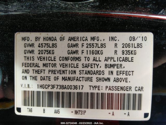 Photo 8 VIN: 1HGCP3F73BA003617 - HONDA ACCORD SDN 