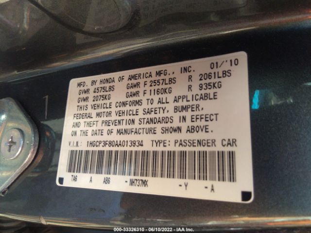 Photo 8 VIN: 1HGCP3F80AA013934 - HONDA ACCORD SDN 