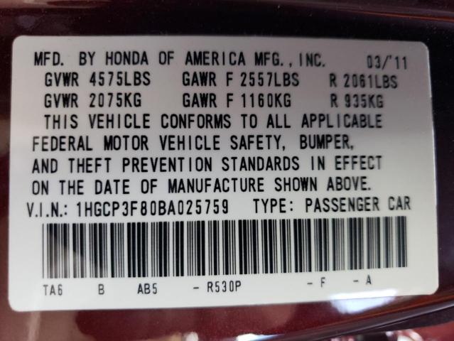 Photo 11 VIN: 1HGCP3F80BA025759 - HONDA ACCORD EXL 