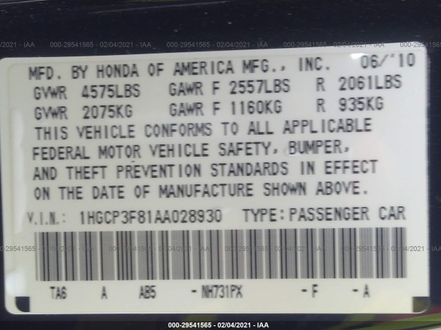 Photo 8 VIN: 1HGCP3F81AA028930 - HONDA ACCORD SDN 