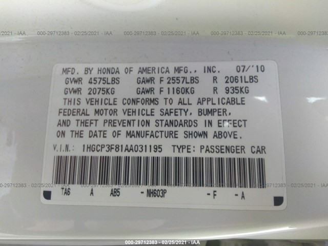 Photo 8 VIN: 1HGCP3F81AA031195 - HONDA ACCORD SDN 