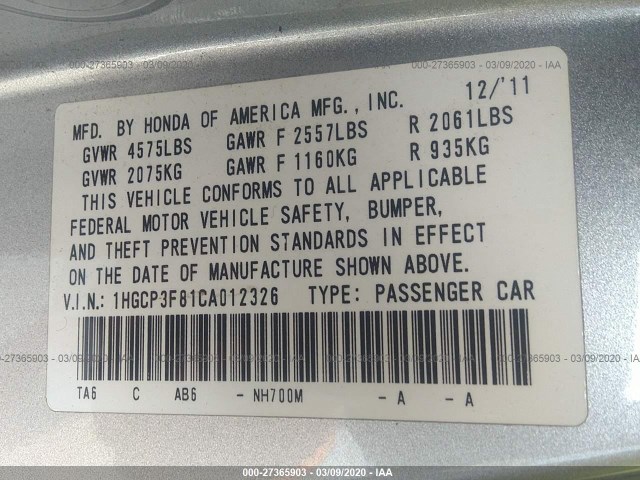 Photo 8 VIN: 1HGCP3F81CA012326 - HONDA ACCORD SDN 