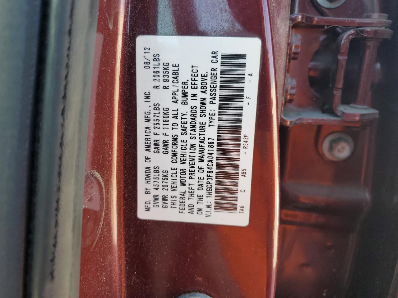 Photo 12 VIN: 1HGCP3F84CA041867 - HONDA ACCORD 