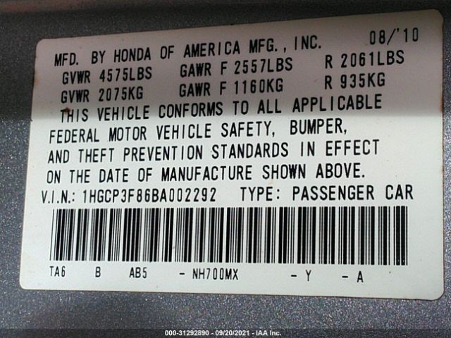 Photo 8 VIN: 1HGCP3F86BA002292 - HONDA ACCORD SDN 