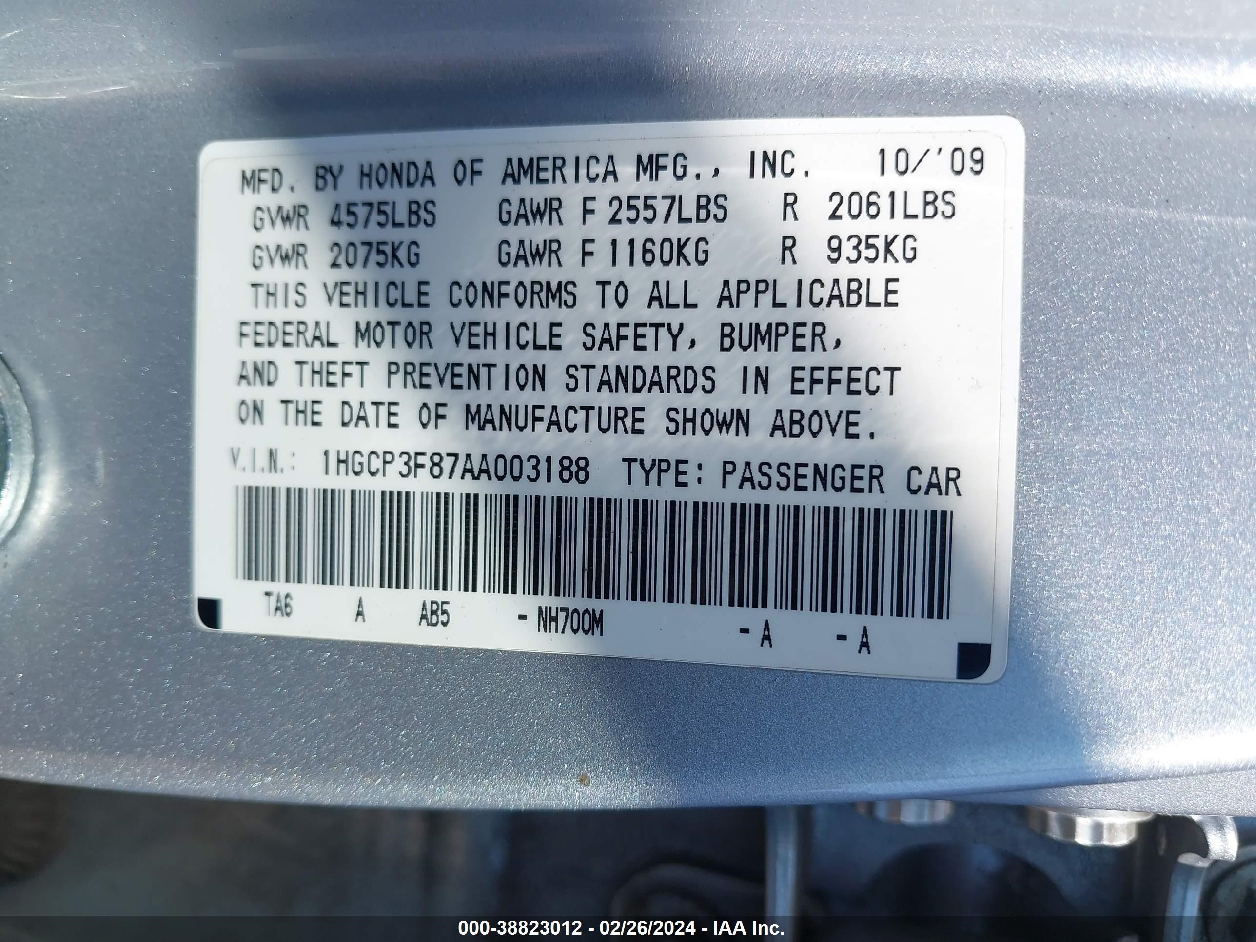 Photo 8 VIN: 1HGCP3F87AA003188 - HONDA ACCORD 