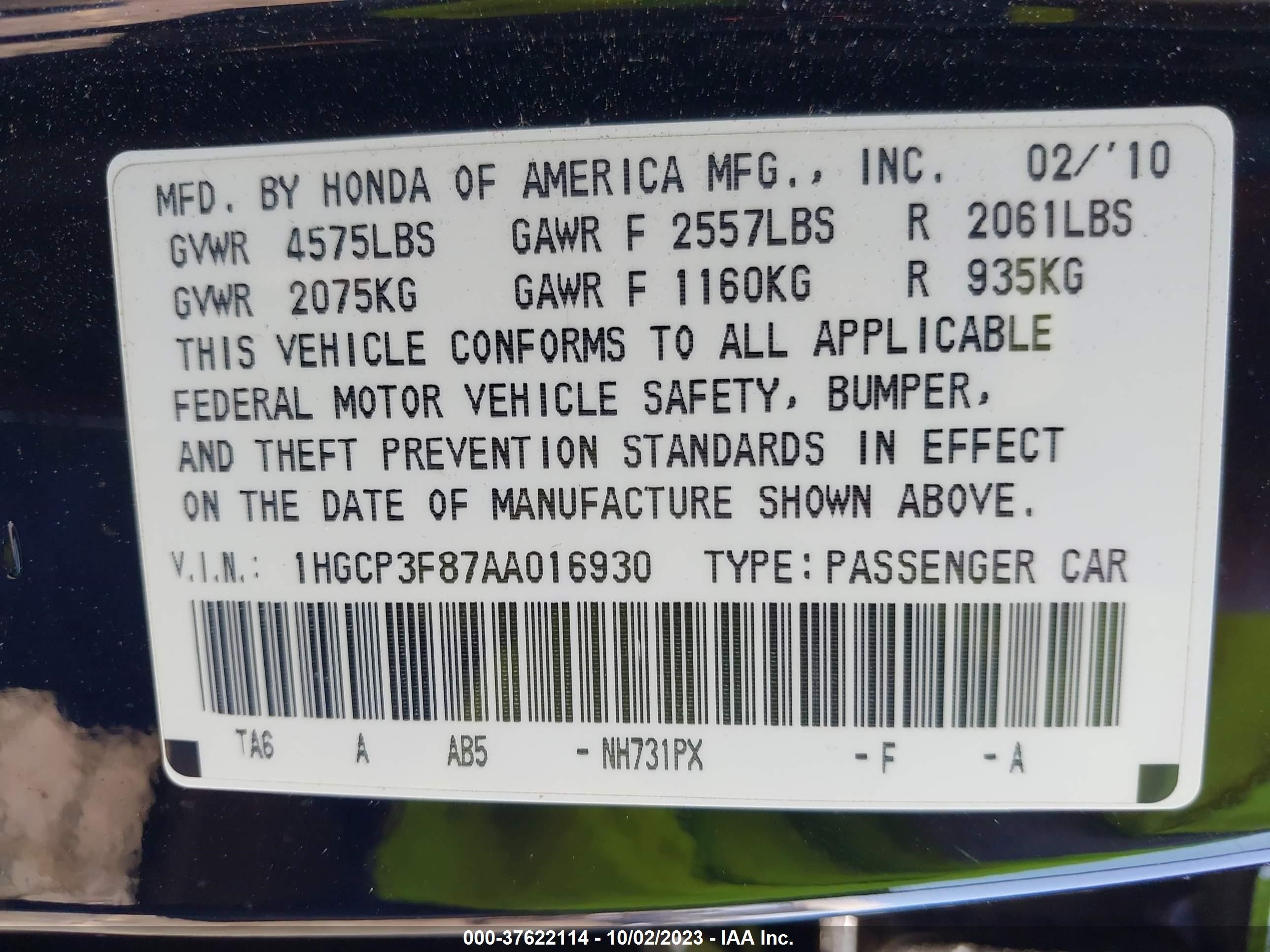 Photo 8 VIN: 1HGCP3F87AA016930 - HONDA ACCORD 