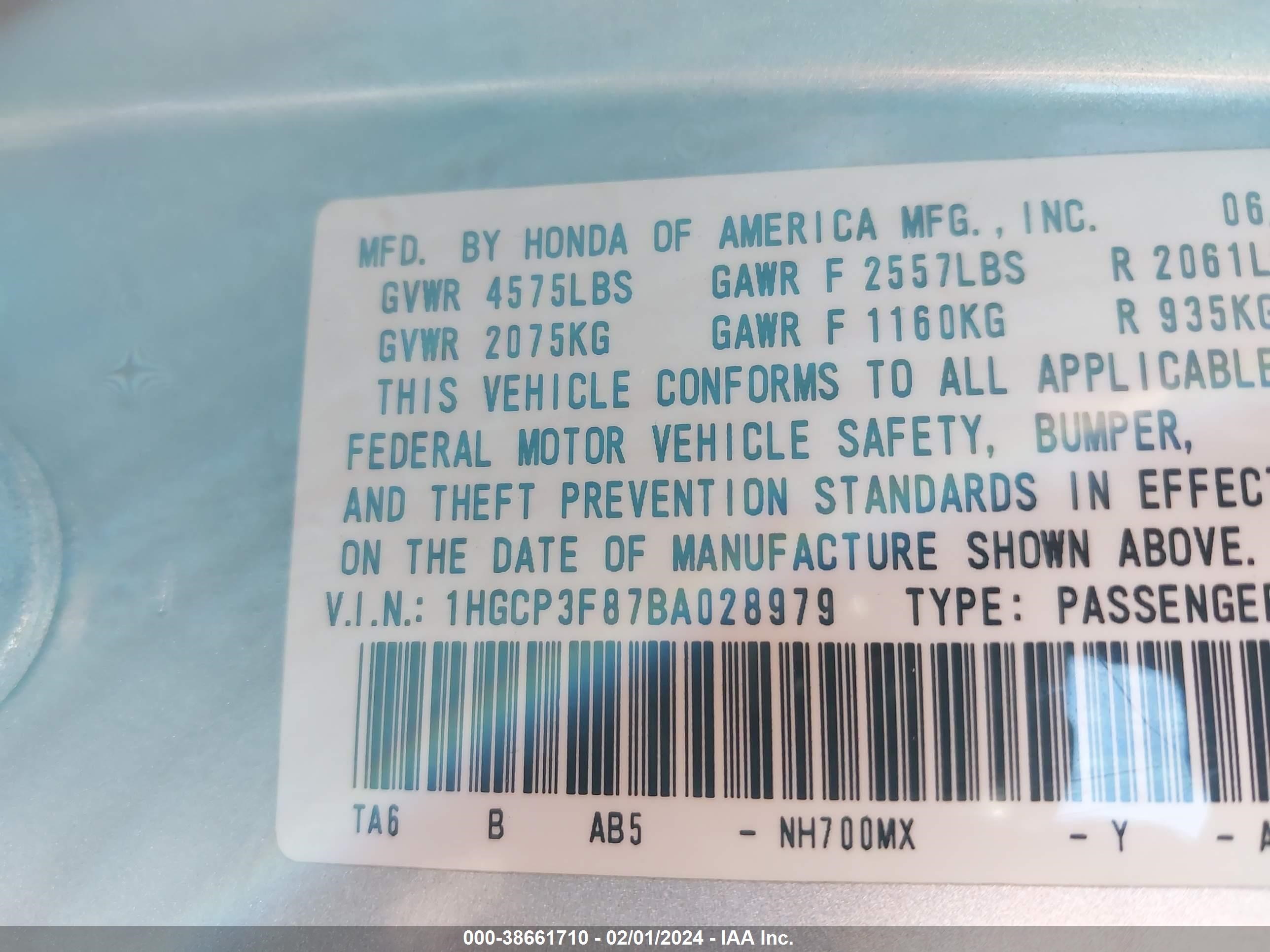 Photo 8 VIN: 1HGCP3F87BA028979 - HONDA ACCORD 