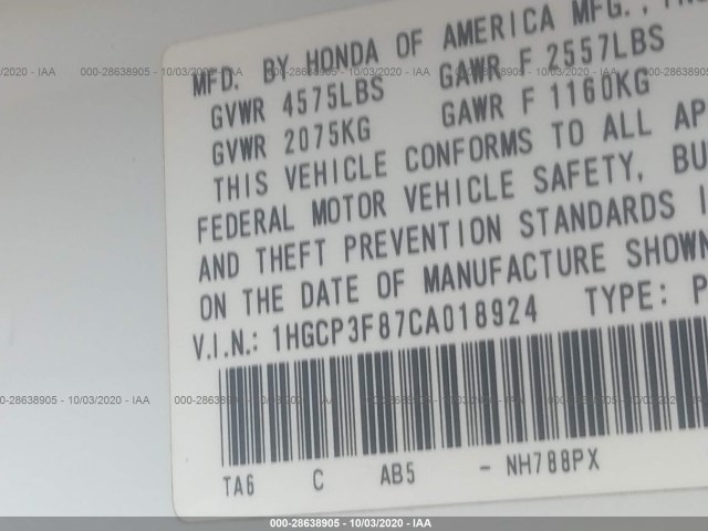 Photo 8 VIN: 1HGCP3F87CA018924 - HONDA ACCORD SDN 