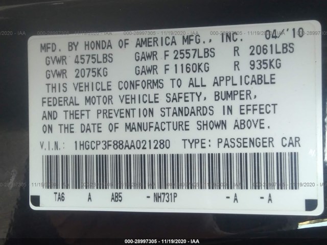 Photo 8 VIN: 1HGCP3F88AA021280 - HONDA ACCORD SDN 