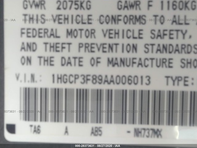 Photo 8 VIN: 1HGCP3F89AA006013 - HONDA ACCORD SDN 