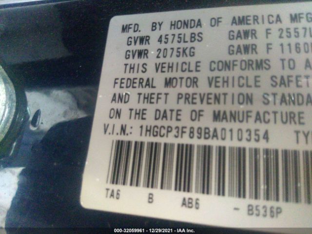 Photo 8 VIN: 1HGCP3F89BA010354 - HONDA ACCORD SDN 