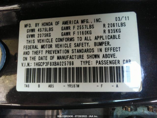 Photo 8 VIN: 1HGCP3F8XBA025798 - HONDA ACCORD EXL 