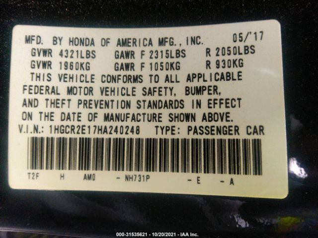 Photo 8 VIN: 1HGCR2E17HA240248 - HONDA ACCORD SEDAN 