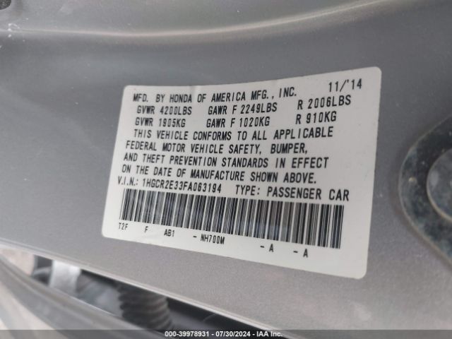 Photo 8 VIN: 1HGCR2E33FA063194 - HONDA ACCORD 