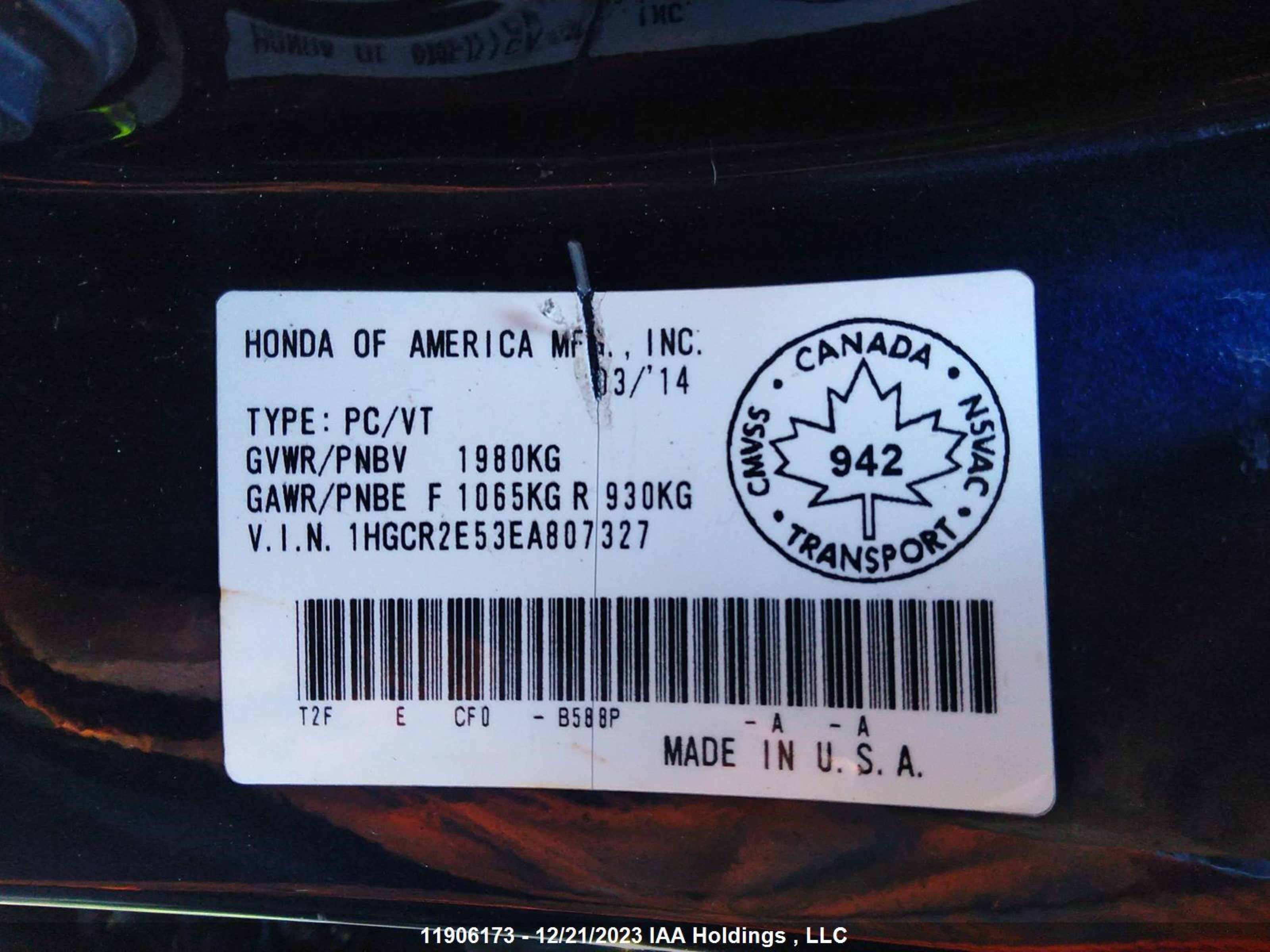 Photo 8 VIN: 1HGCR2E53EA807327 - HONDA ACCORD 