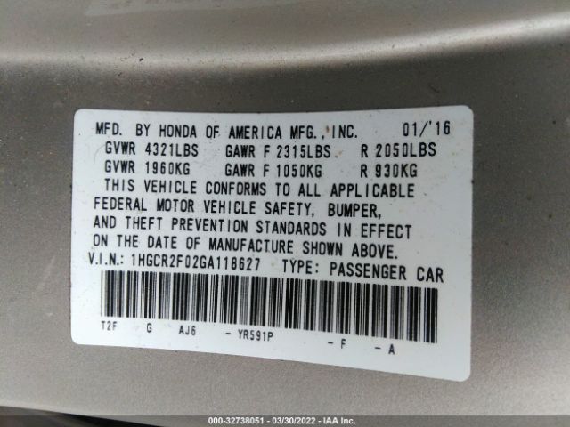 Photo 8 VIN: 1HGCR2F02GA118627 - HONDA ACCORD SEDAN 