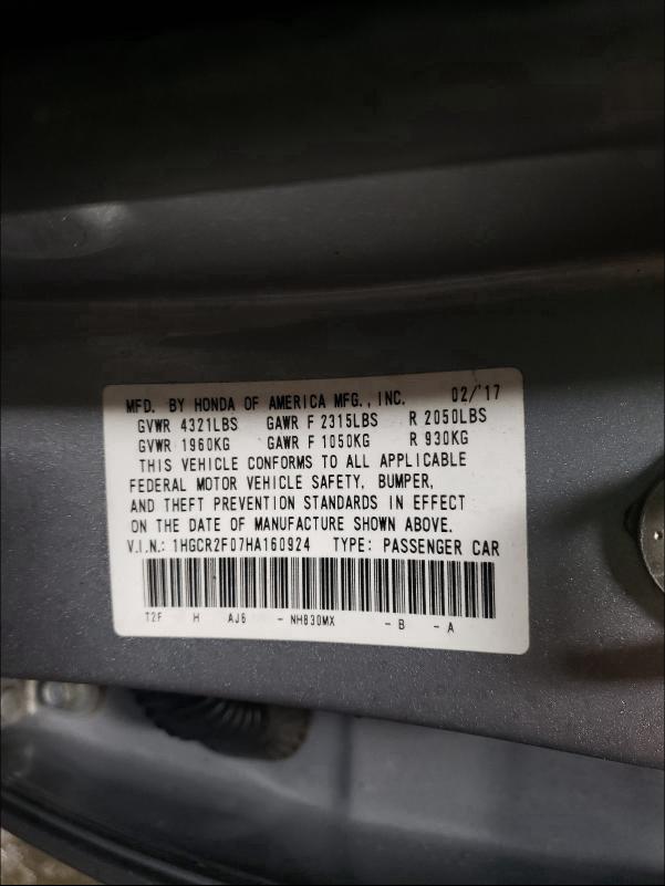 Photo 9 VIN: 1HGCR2F07HA160924 - HONDA ACCORD EX 