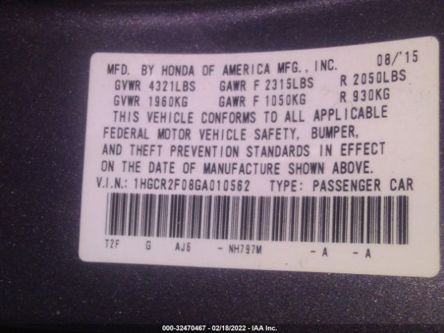 Photo 8 VIN: 1HGCR2F08GA010562 - HONDA ACCORD SEDAN 