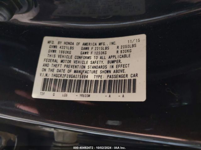 Photo 8 VIN: 1HGCR2F09GA075694 - HONDA ACCORD 