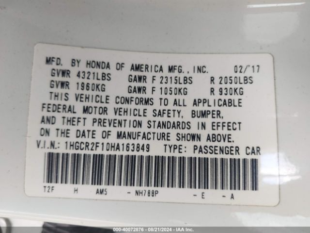 Photo 8 VIN: 1HGCR2F10HA163849 - HONDA ACCORD 