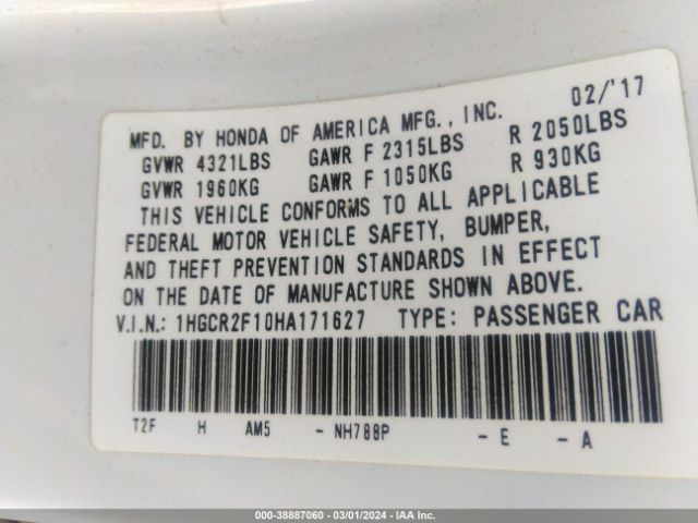 Photo 8 VIN: 1HGCR2F10HA171627 - HONDA ACCORD 