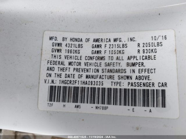 Photo 8 VIN: 1HGCR2F11HA093035 - HONDA ACCORD 