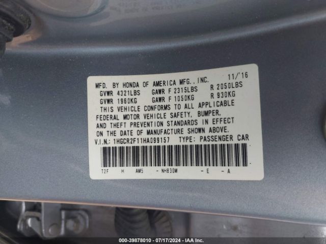 Photo 8 VIN: 1HGCR2F11HA099157 - HONDA ACCORD 