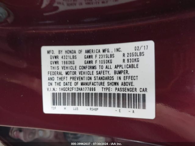 Photo 8 VIN: 1HGCR2F12HA177896 - HONDA ACCORD 