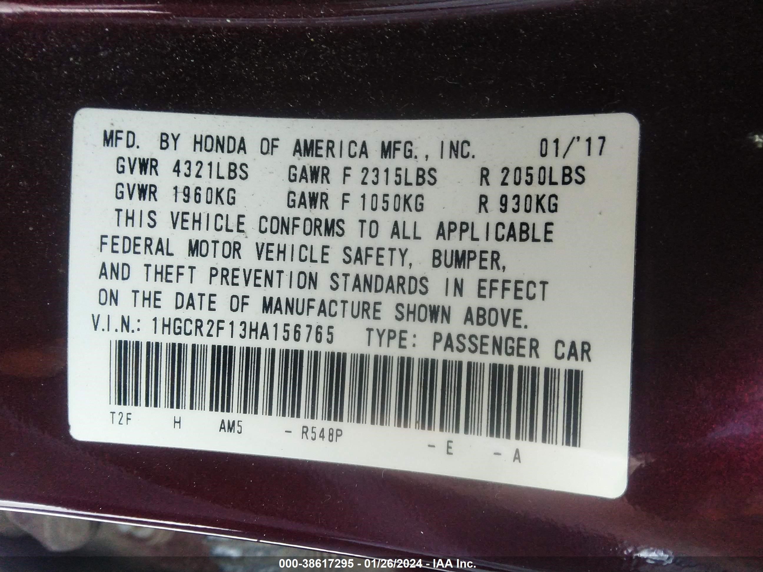 Photo 8 VIN: 1HGCR2F13HA156765 - HONDA ACCORD 