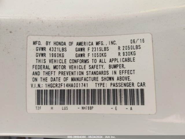 Photo 8 VIN: 1HGCR2F14HA001741 - HONDA ACCORD 