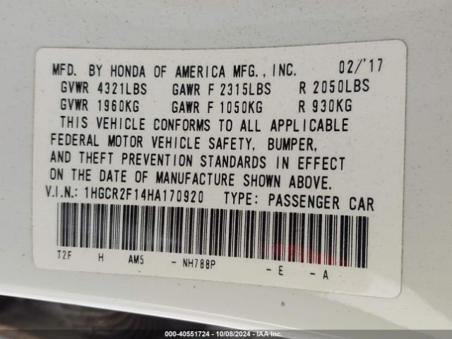 Photo 8 VIN: 1HGCR2F14HA170920 - HONDA ACCORD 