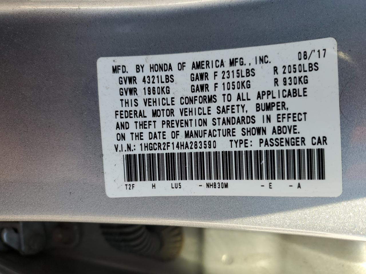 Photo 11 VIN: 1HGCR2F14HA283590 - HONDA ACCORD 