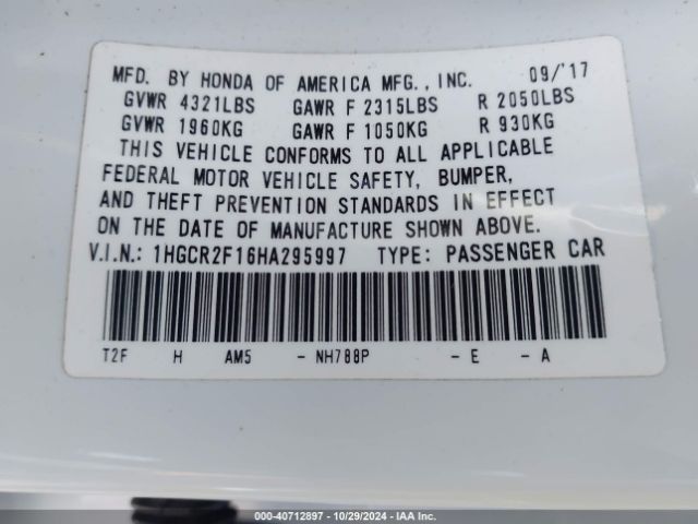 Photo 8 VIN: 1HGCR2F16HA295997 - HONDA ACCORD 