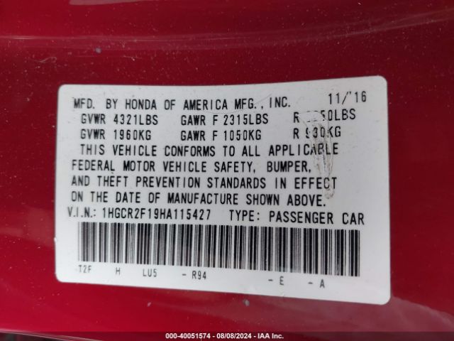 Photo 8 VIN: 1HGCR2F19HA115427 - HONDA ACCORD 