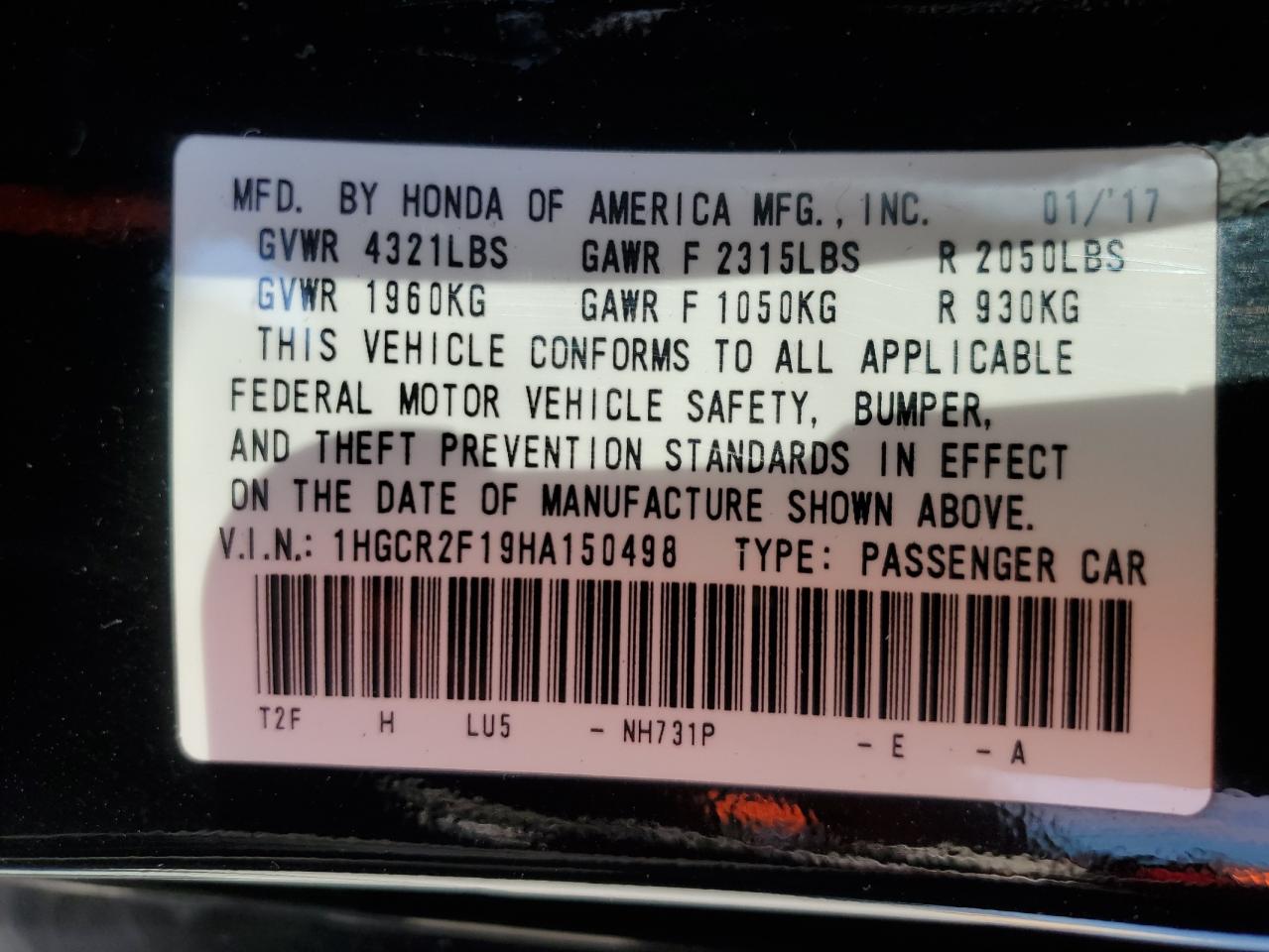 Photo 12 VIN: 1HGCR2F19HA150498 - HONDA ACCORD 