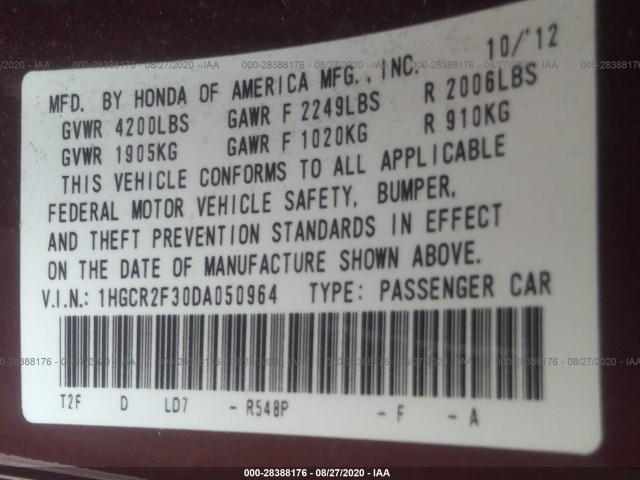 Photo 8 VIN: 1HGCR2F30DA050964 - HONDA ACCORD SDN 