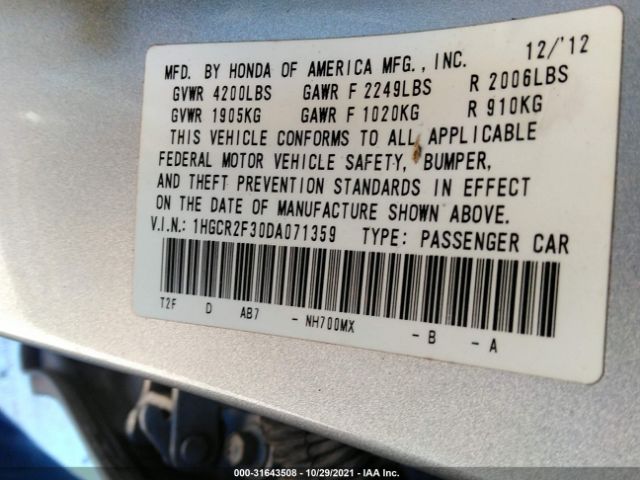 Photo 8 VIN: 1HGCR2F30DA071359 - HONDA ACCORD SDN 