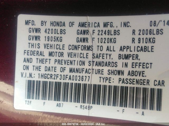 Photo 8 VIN: 1HGCR2F30FA003677 - HONDA ACCORD 