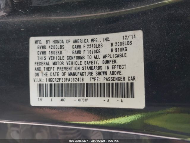 Photo 8 VIN: 1HGCR2F30FA092408 - HONDA ACCORD 