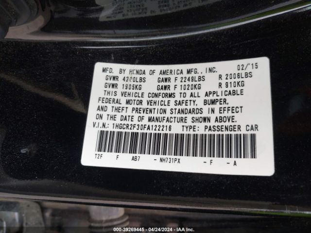 Photo 8 VIN: 1HGCR2F30FA122216 - HONDA ACCORD 