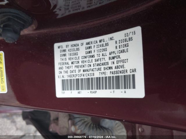 Photo 8 VIN: 1HGCR2F30FA124306 - HONDA ACCORD 